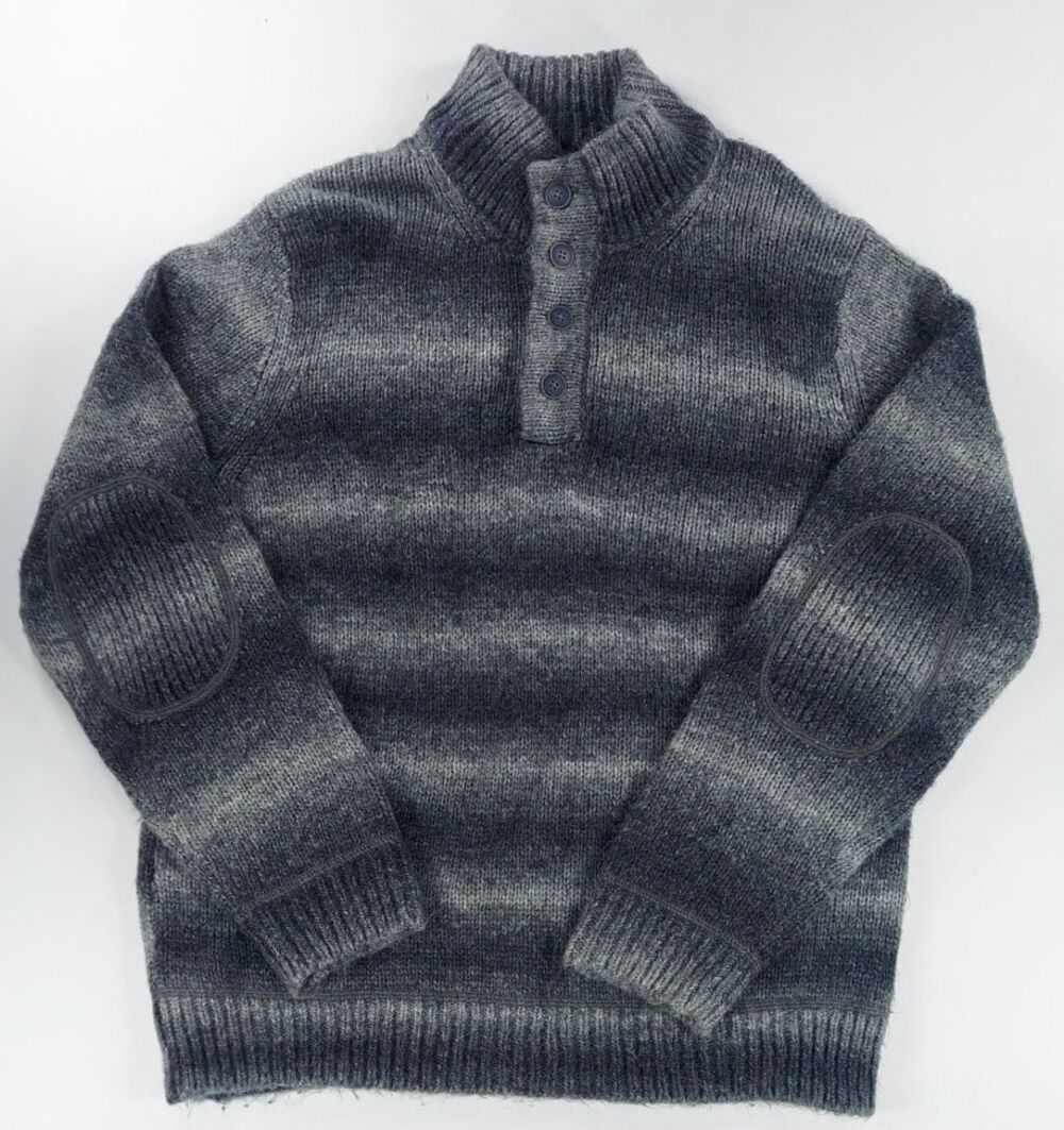 GH Bass Sweater Mens L Gray Striped Thick Knit Quarter Button Elbow Patch Cozy